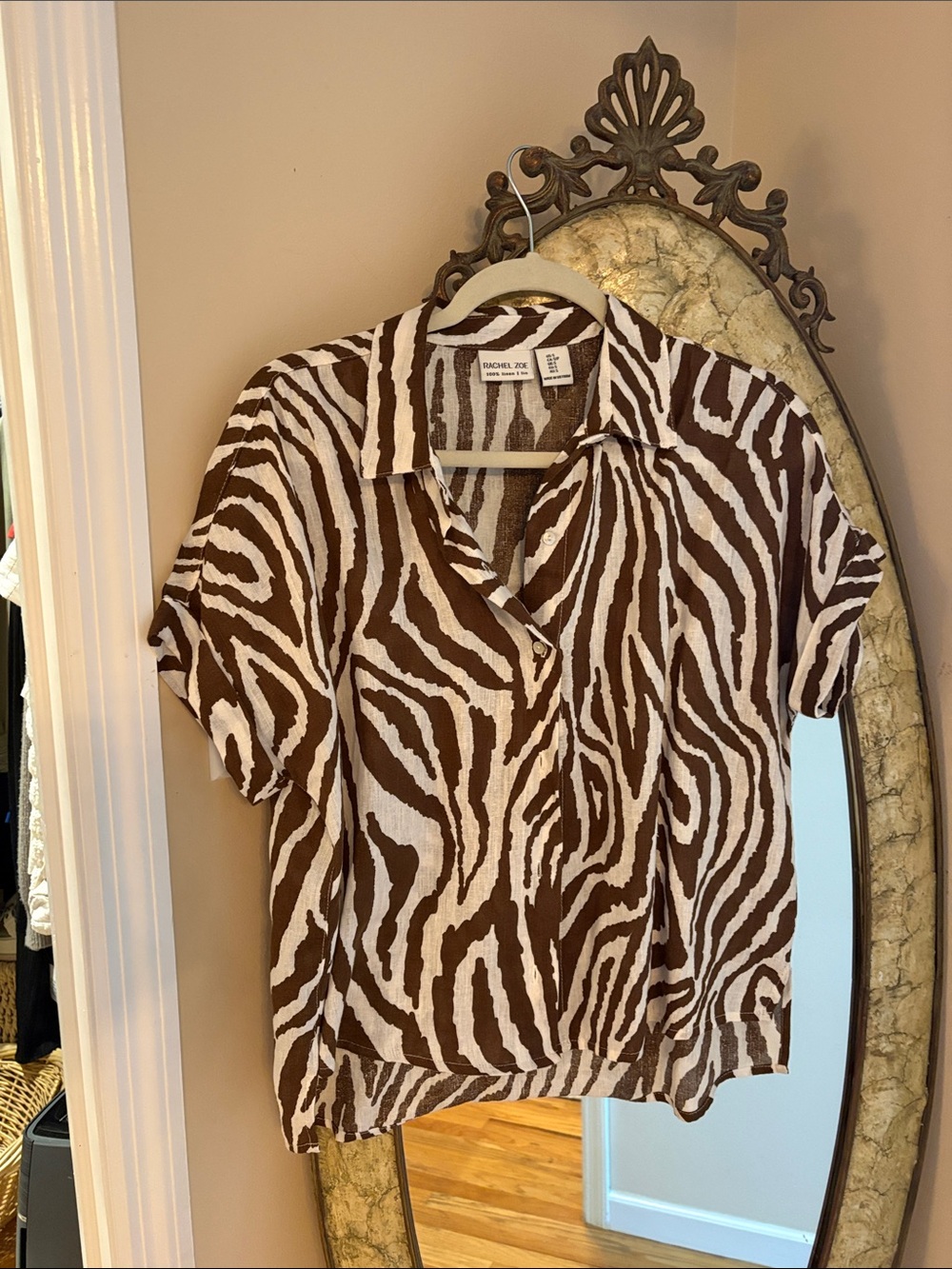 RACHEL ZOE Brown and White Zebra Print Short Sleeve Button-Down Top